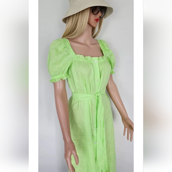 SLEEPER DRESS BRIGETTE GREEN LINEN BELT PUFF SLEEVES MIDI  SMALL - Picture 13 of 16